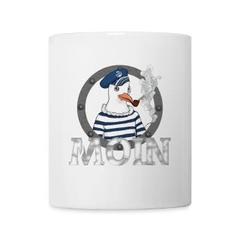 Moin Möwe – Seemann mit Pfeife Nordsee Shirt - Tasse - Weiß - Vorne