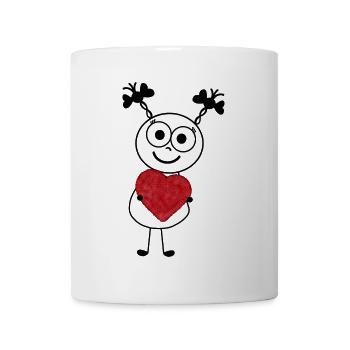Süßes Strichmännchen mit Plüschherz von SueLYSue - Tasse - Weiß - Vorne