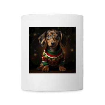 Weihnachtsdackel im Strickpullover - Tasse - Weiß - Vorne