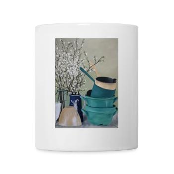 Ölgemälde Kunst Stillleben Küche Vintage Blüten - Tasse - Weiß - Vorne