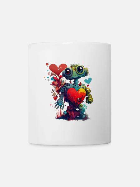 Lustiger Roboter mit Herz, Valentinstag - Tasse - Weiß