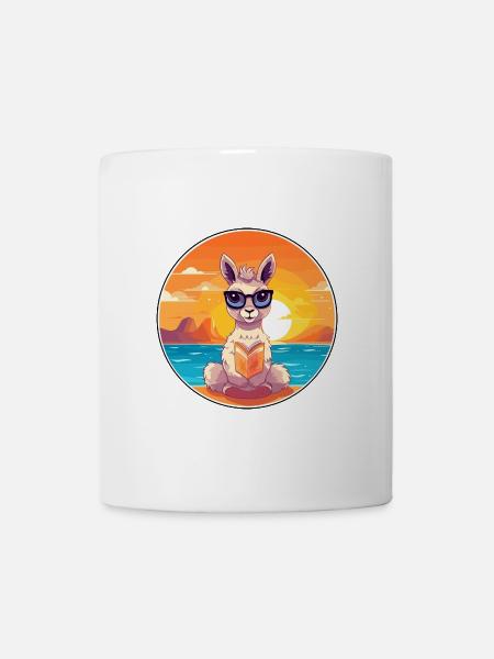 Lama Niedliche Lustige Karikatur Kawaii Buch Strand - Tasse - Weiß