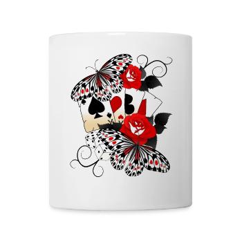 Kartenspiel mit Rosen und Schmetterlingen - Tasse - Weiß - Vorne