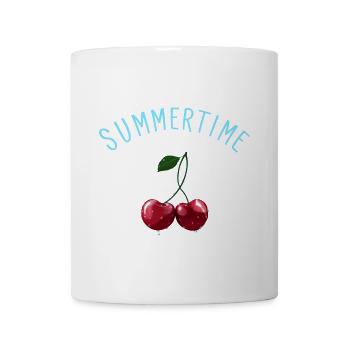 Summertime - Kirschen mit hellblauem Schriftzug - Tasse - Weiß - Vorne