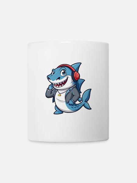Hai Lustige Zeichentrickfigur Kopfhörer Musik - Tasse - Weiß