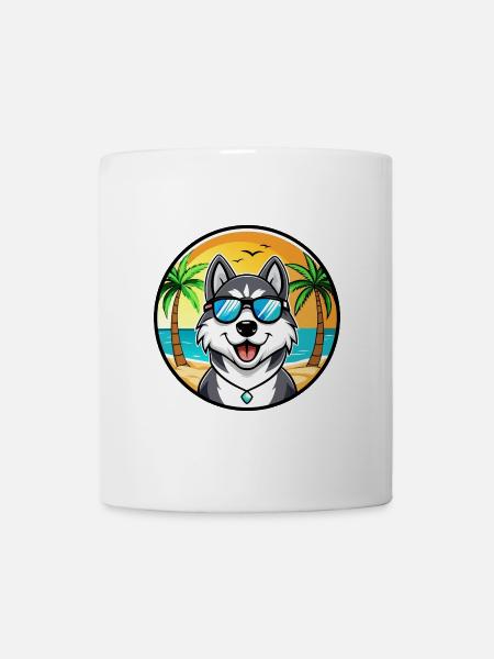 Husky Dog Drôle Dessin Animé Plage Lunettes De Soleil - Mug blanc - blanc