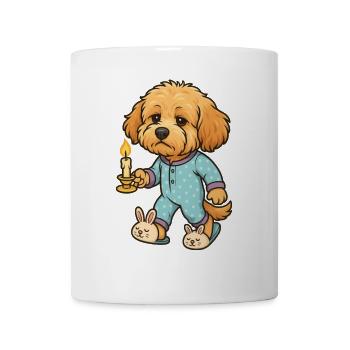 Müder Maltipoo im Pyjama mit Kerze Comicstil - Tasse - Weiß - Vorne