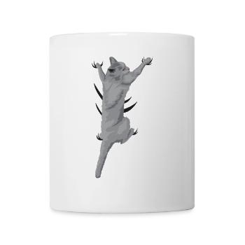 Kletternde Katze - Graue Katze hängt am Shirt - Tasse - Weiß - Vorne