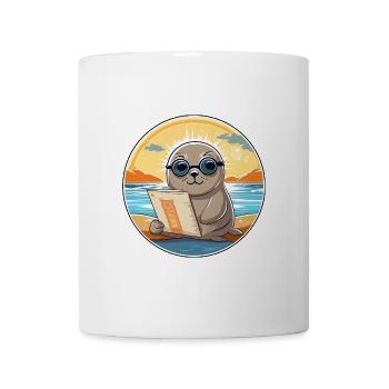 Siegel Niedliche Lustige Karikatur Kawaii Buch Strand - Tasse - Weiß - Vorne