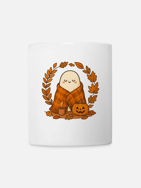 Geist im Herbstkranz mit Kürbis - Tasse - Weiß