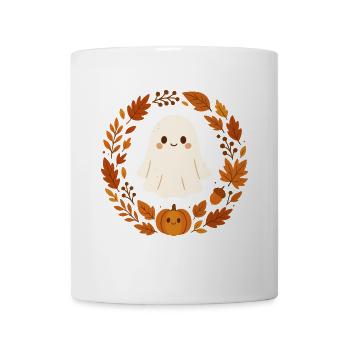Cute Ghost im Herbstkranz – Cozy Halloween Design - Tasse - Weiß - Vorne