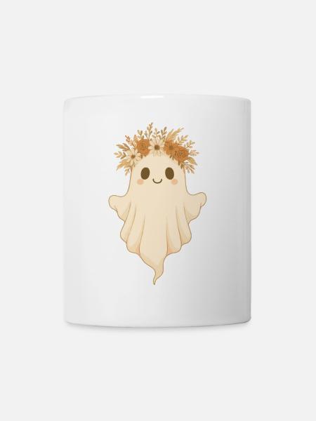 Boho Geist mit Blumenkranz – Süßes Halloween - Tasse - Weiß
