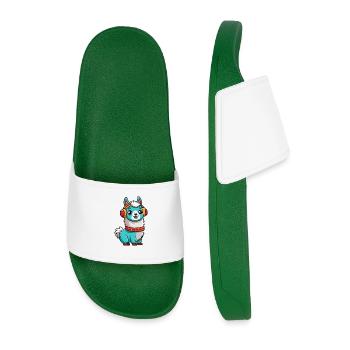 Llama Funny Cartoon Character Headphone Music - Men’s Pool Sliders - dark green - Front