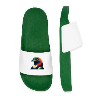 Hawk Cartoon Character Colorful Pet Animal - Men’s Pool Sliders - dark green - Front
