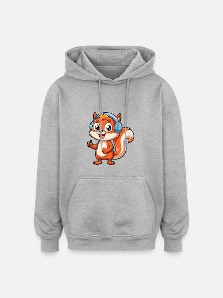 Ekorre Rolig Tecknad Figur Hörlurar Musik - Oversized luvtröja unisex - gråmelerad