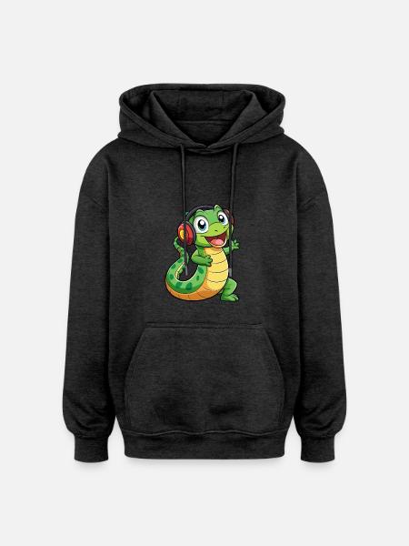 Snake Funny Cartoon Character Headphone Music - Oversized Unisex Hoodie - charcoal grey