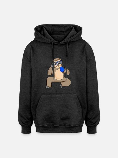 Sloth with glasses and coffee - Oversized Unisex Hoodie - charcoal grey