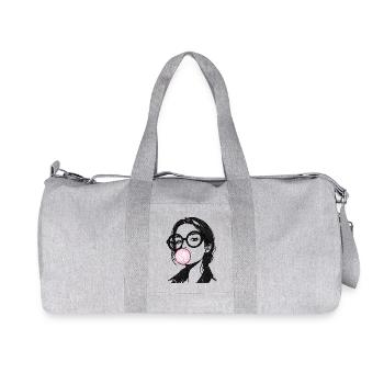 Frau mit Kaugummi Stickerei rosa und schwarz  - Recycelte Canvas-Sporttasche von Stanley/Stella - Grau meliert - Vorne