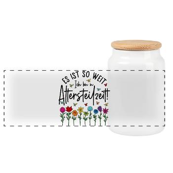 Es ist soweit Ich bin in Altersteilzeit - Blumen - Panorama Keksdose mit Holzdeckel - Weiß - Vorne