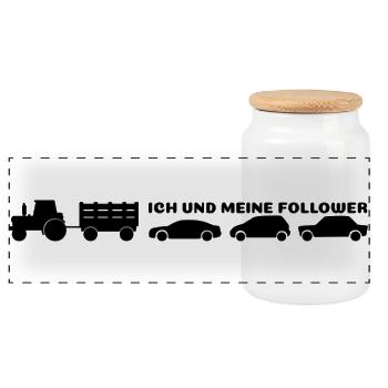 Ich und meine Follower - Landwirt Traktor Autos - Panorama Keksdose mit Holzdeckel - Weiß - Vorne