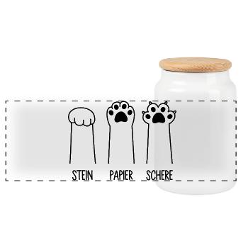 Stein Papier Schere Katze Pfote Spiel Katzenpfoten - Panorama Keksdose mit Holzdeckel - Weiß - Vorne