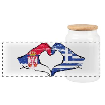Serbia Greece flag hands heart shape used - Panoramic Cookie Jar with Wooden Lid - white - Front