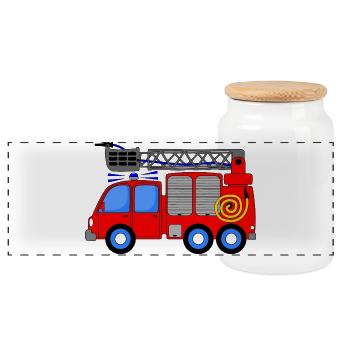Fire engine children - Panoramic Cookie Jar with Wooden Lid - white - Front