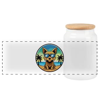 Australian Silky Terrier Dog Breed Cartoon Beach - Panoramic Cookie Jar with Wooden Lid - white - Front