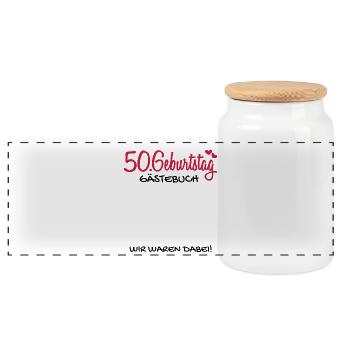 50 Geburtstag Gästebuch Deko Geschenk - Panorama Keksdose mit Holzdeckel - Weiß - Vorne