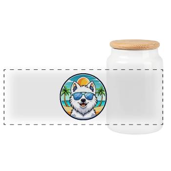 Japanischer Spitz Hund Rasse Cartoon Sonnenbrille Strand - Panorama Keksdose mit Holzdeckel - Weiß - Vorne