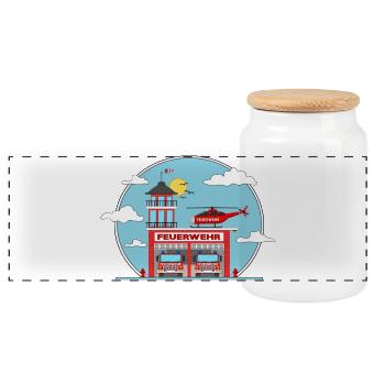 Fire station helicopter and fire truck - Panoramic Cookie Jar with Wooden Lid - white - Front