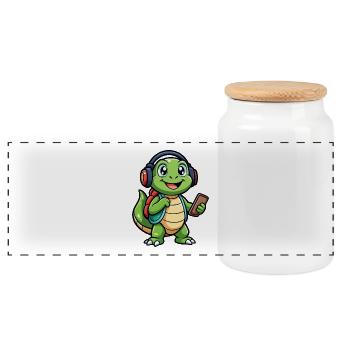 Tortue Drôle Dessin Animé Personnage Casque Musique - Boîte à biscuits avec couvercle en bois - blanc - Devant