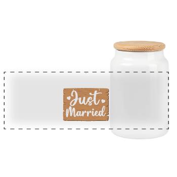 Just Married Schild - Panorama Keksdose mit Holzdeckel - Weiß - Vorne