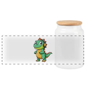 Dinosaurier Lustige Cartoon Figur Kopfhörer Musik - Panorama Keksdose mit Holzdeckel - Weiß - Vorne