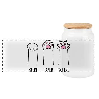 Stein Papier Schere Katze Pfote Spiel Katzenpfoten - Panorama Keksdose mit Holzdeckel - Weiß - Vorne