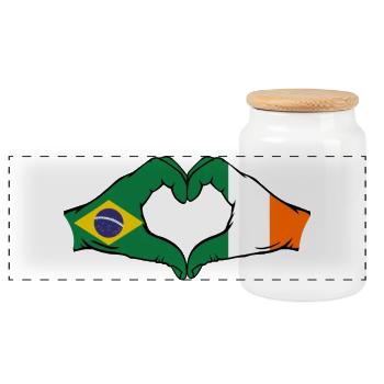 Brazil Ireland Flag Hands Heart Shape - Panoramic Cookie Jar with Wooden Lid - white - Front