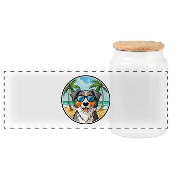 Australian Shepherd Dog Breed Cartoon Sunglasses - Panoramic Cookie Jar with Wooden Lid - white - Front