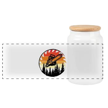 Retro Forest Chainsaw Sunset - Panoramic Cookie Jar with Wooden Lid - white - Front