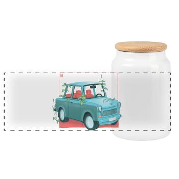 Trabi mit Pflanzen - Panorama Keksdose mit Holzdeckel - Weiß - Vorne