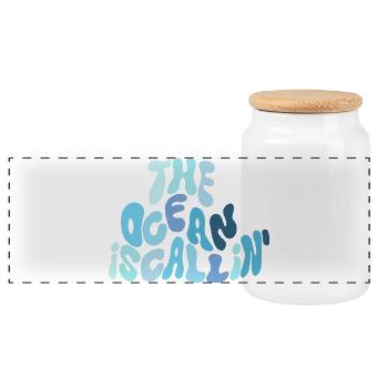 Der Ozean ruft – Wellen-Typografie in Blau - Panorama Keksdose mit Holzdeckel - Weiß - Vorne