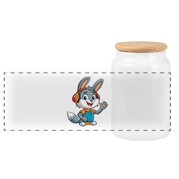 Kaninchen Lustige Cartoon Figur Kopfhörer Musik - Panorama Keksdose mit Holzdeckel - Weiß - Vorne