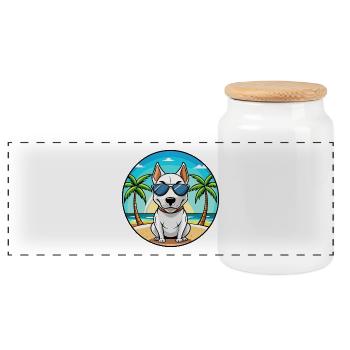 Bullterrier Miniatur Hund Rasse Cartoon Strand - Panorama Keksdose mit Holzdeckel - Weiß - Vorne