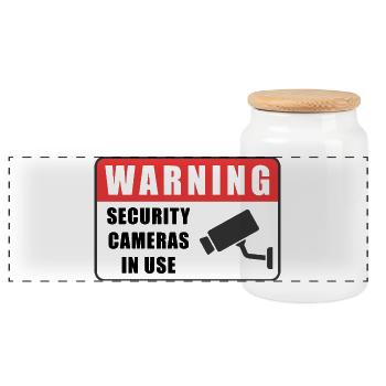 Warning CCTV Camera Badge Security Sign Icon - Panoramic Cookie Jar with Wooden Lid - white - Front