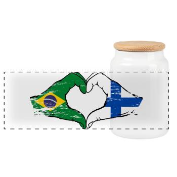 Brazil Finland Flag Hands Heart Shape Used - Panoramic Cookie Jar with Wooden Lid - white - Front