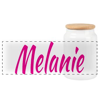 Melanie Schrift Neon Pink auf Schwarz - Panorama Keksdose mit Holzdeckel - Weiß - Vorne