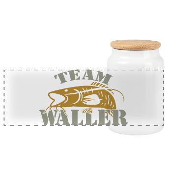 Team Waller - Wels fischen - Panorama Keksdose mit Holzdeckel - Weiß - Vorne
