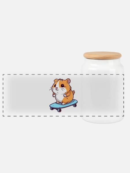 Lustiger Hamster Kawaii Cartoon spielt Skateboard - Panorama Keksdose mit Holzdeckel - Weiß