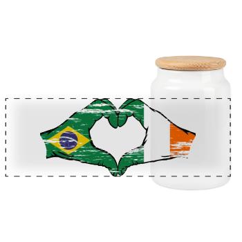 Brazil Ireland Flag Hands Heart Shape Used - Panoramic Cookie Jar with Wooden Lid - white - Front