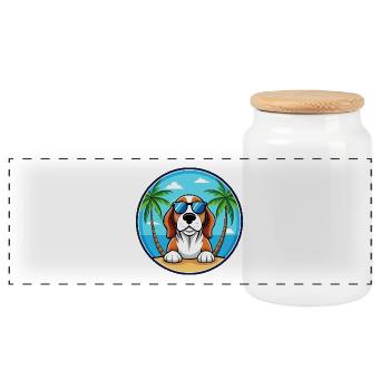Basset Bleu De Gascogne Hunderasse Cartoon Beach - Panorama Keksdose mit Holzdeckel - Weiß - Vorne
