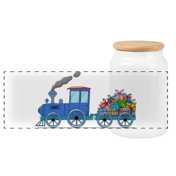 Children's train train with trailer in blue - Panoramic Cookie Jar with Wooden Lid - white - Front
